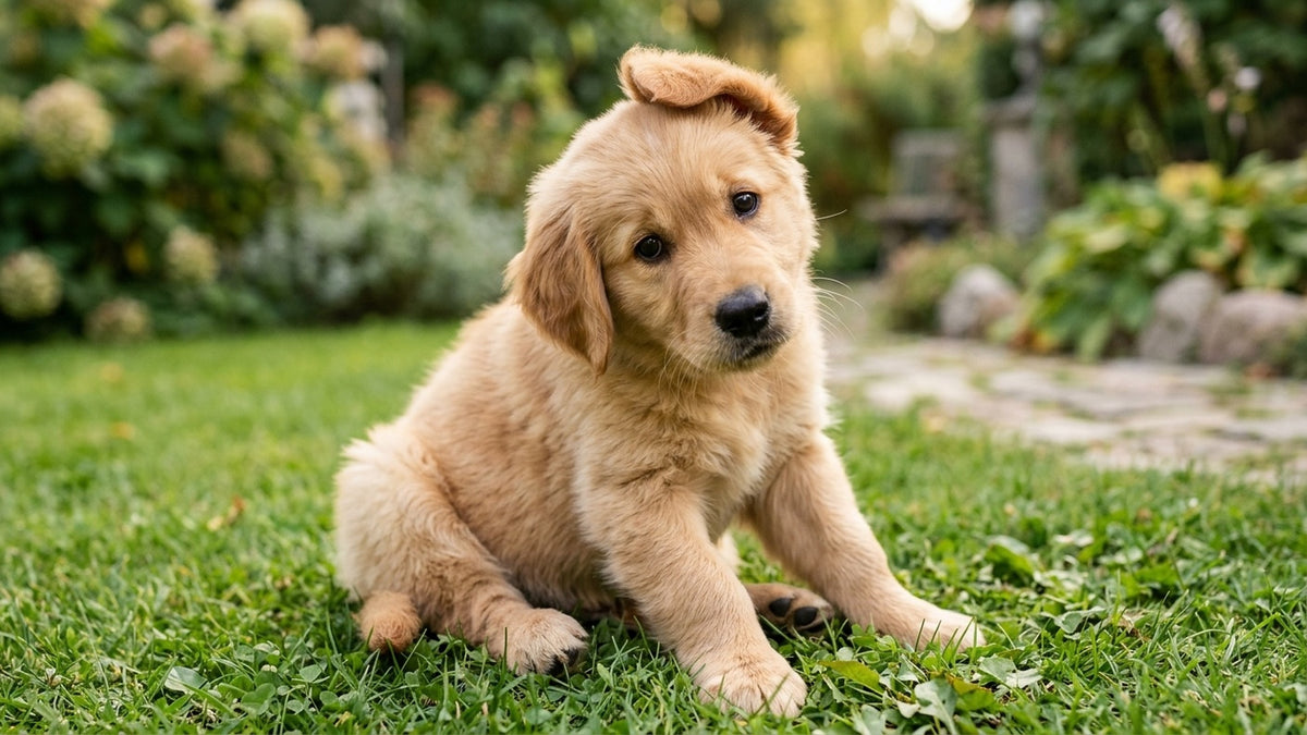 Golden Retriever Welpe mit riesigen braunen Augen und grossen Pfoten sitzt auf gruener Wiese