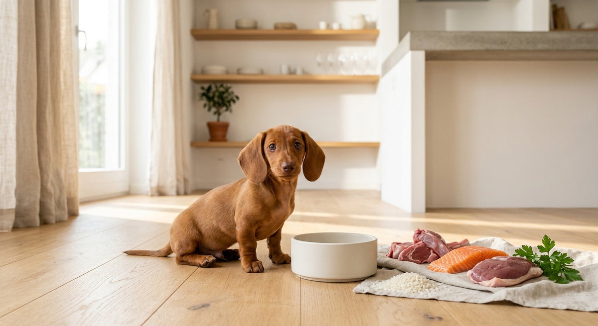 Dackel neben einer Futterschale in einer hellen europäischen Küche