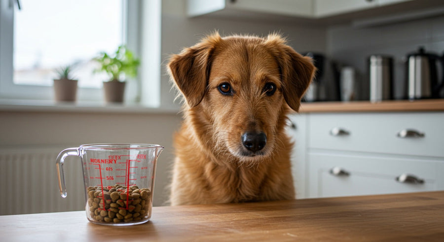 Mischling neben einer hochwertigen Futterauswahl