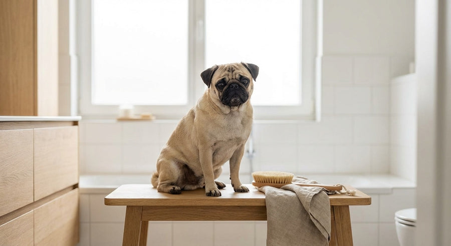 Mops Portrait in einem hellen skandinavischen Wohnzimmer