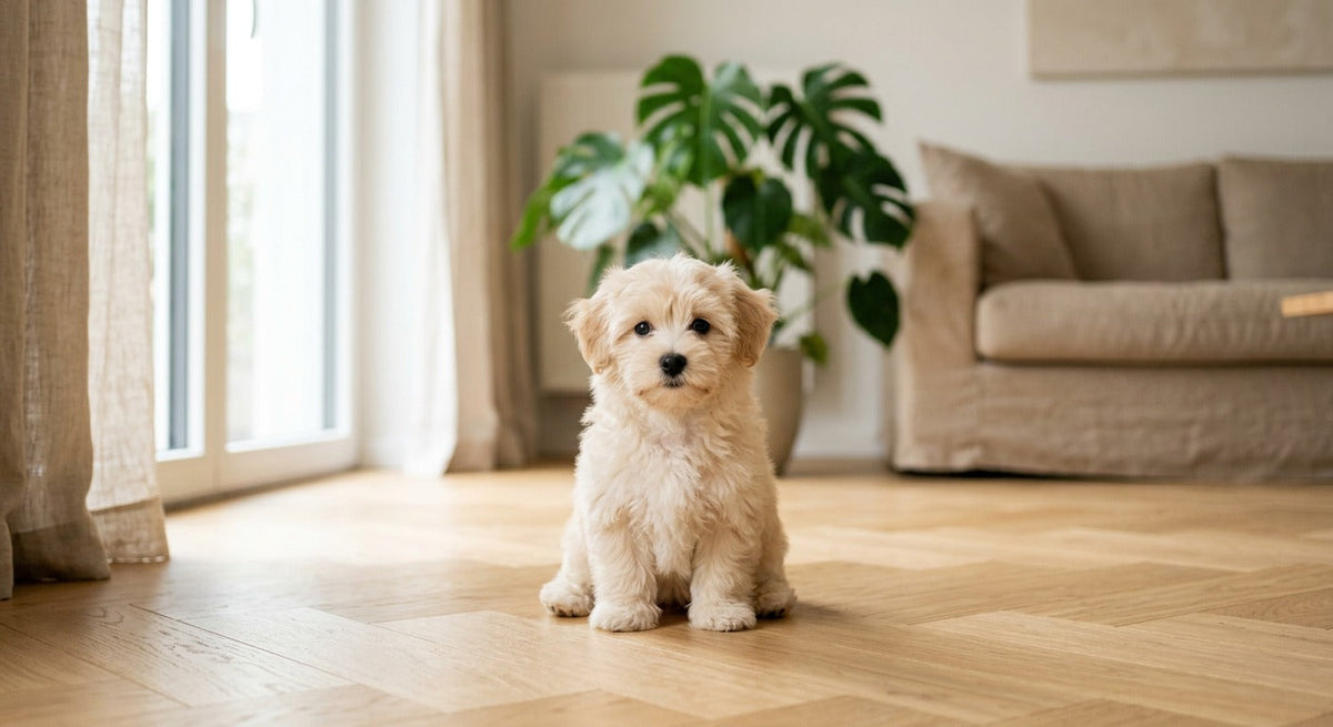 Welpe Portrait in einem hellen skandinavischen Wohnzimmer