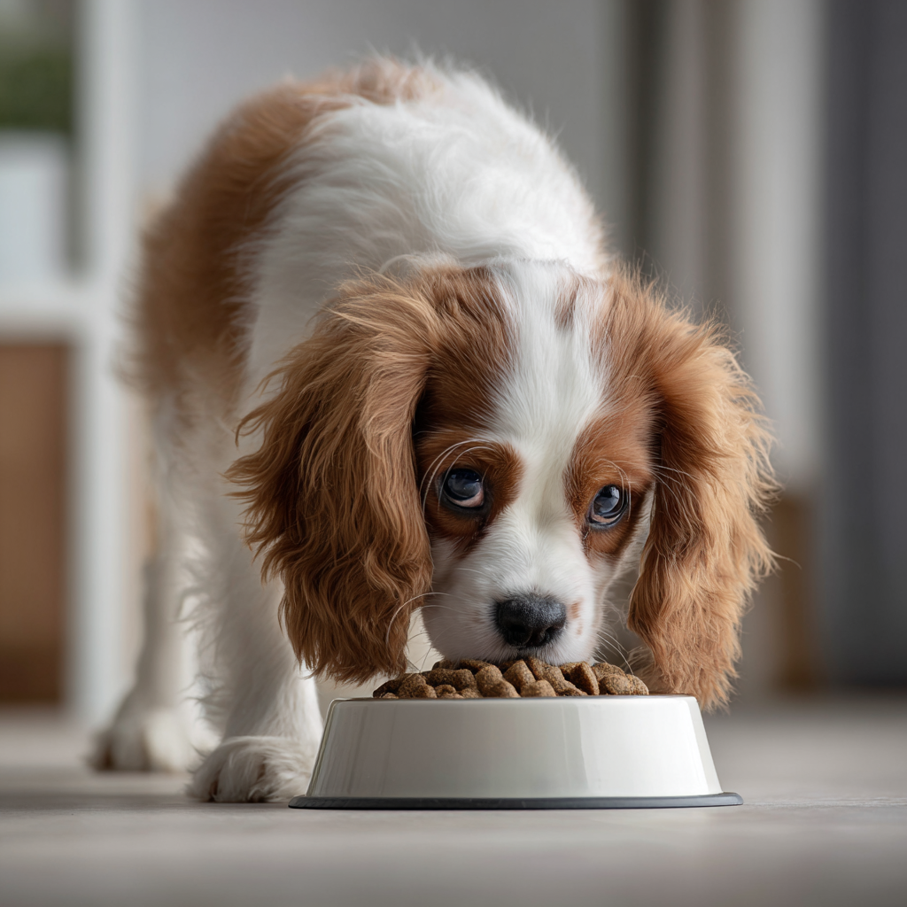 Cavalier King Charles Spaniel Welpe frisst konzentriert aus einem Napf – ausgewogenes Welpenfutter für gesunden Start ins Leben.