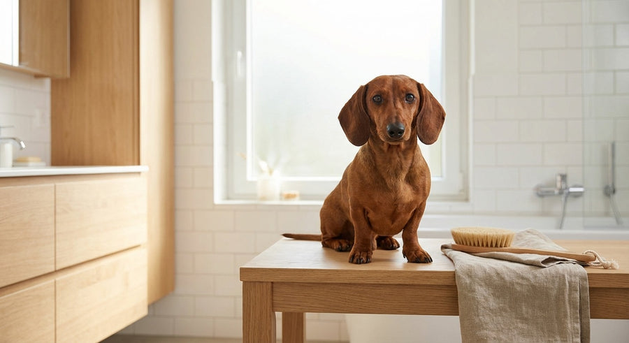 Französische Bulldogge wird liebevoll in einem modernen hellen Badezimmer gepflegt
