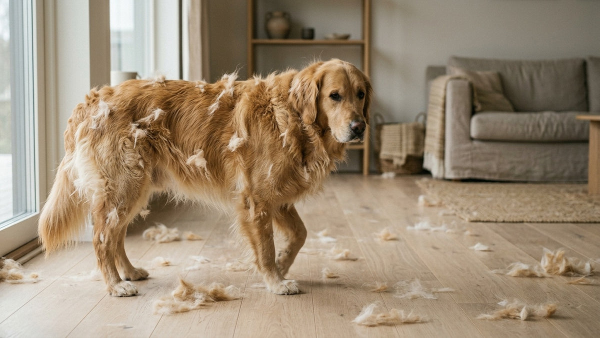 Golden Retriever steht auf Holzboden umgeben von Haarbueschen extremer Fellwechsel sichtbar