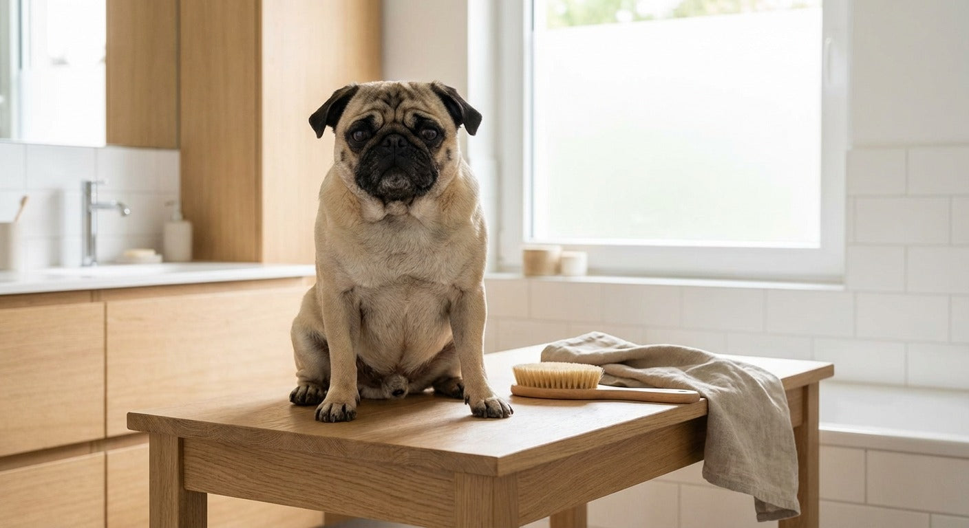 kleiner Hund wird liebevoll in einem modernen hellen Badezimmer gepflegt