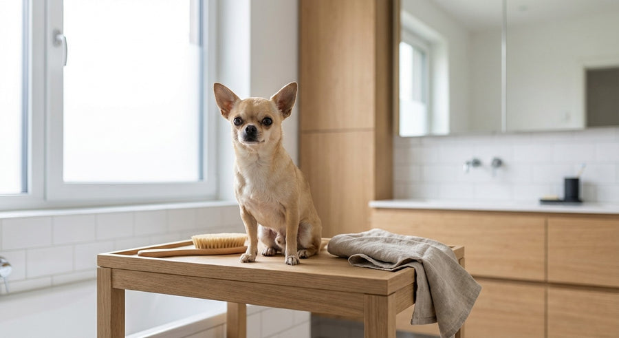 Chihuahua wird liebevoll in einem modernen hellen Badezimmer gepflegt