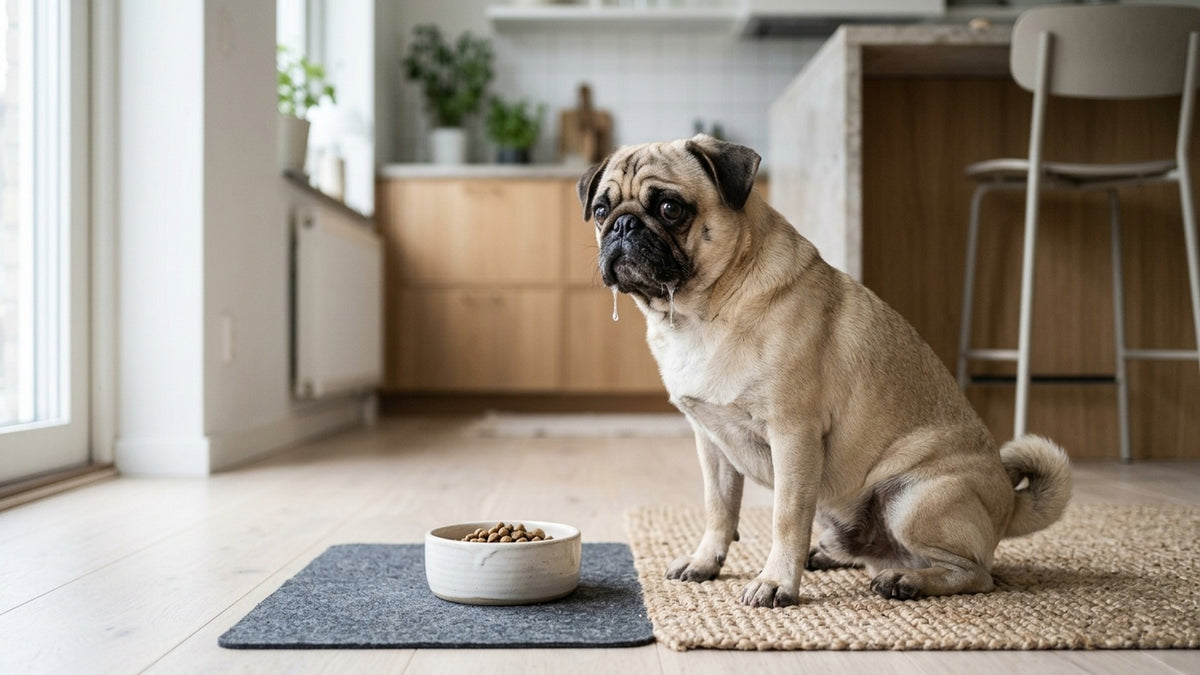 Mops sitzt erwartungsvoll vor kleinem Napf mit portioniertem Futter strenge Portionskontrolle
