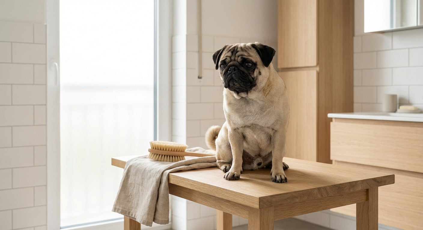 kleiner Hund wird liebevoll in einem modernen hellen Badezimmer gepflegt