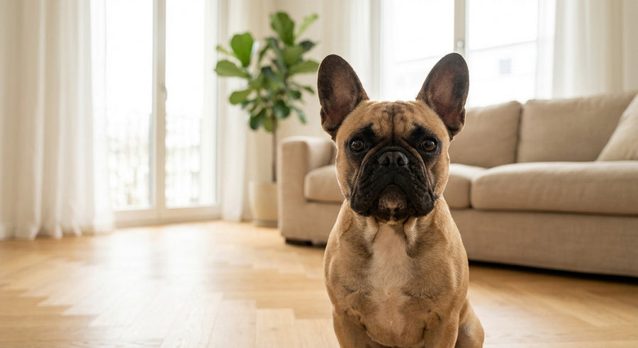 Französische Bulldogge Portrait in einem hellen skandinavischen Wohnzimmer