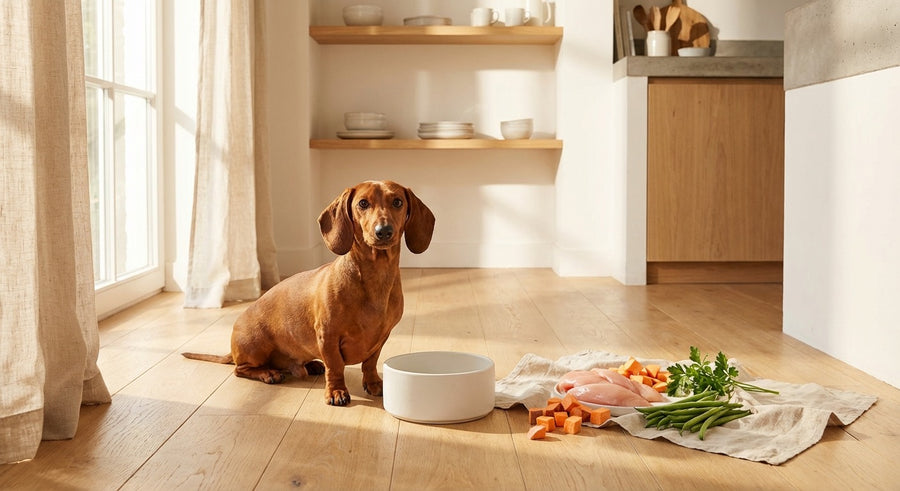 Dackel neben einer Futterschale in einer hellen europäischen Küche