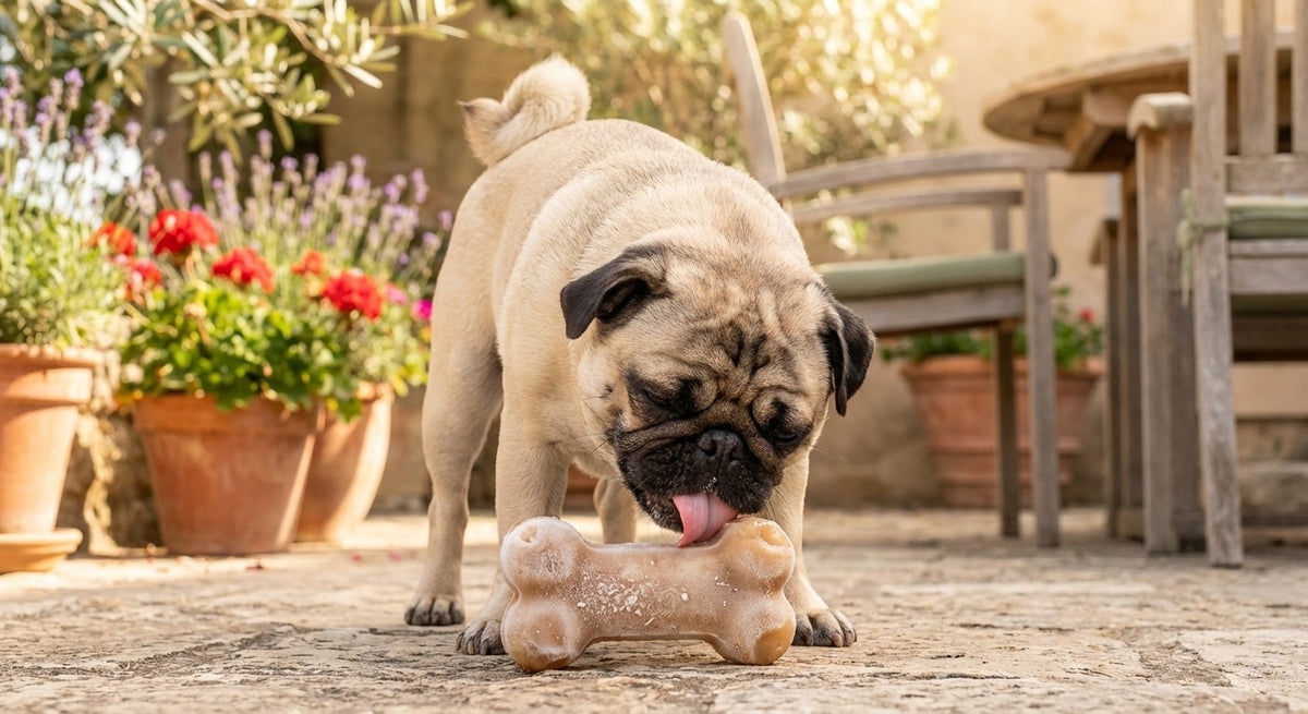 Mops leckt begeistert an gefrorenem Hunde-Eis auf sonniger Sommerterrasse