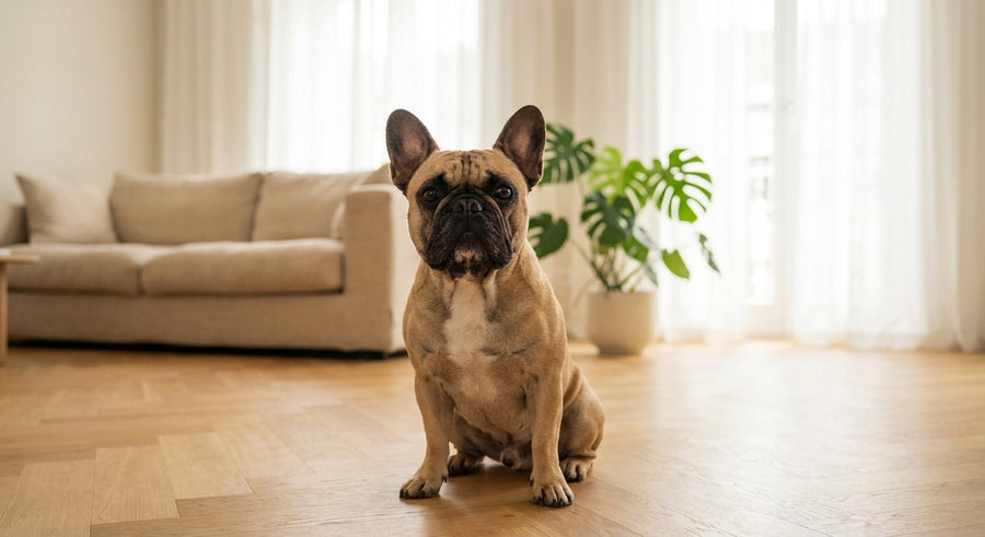 Französische Bulldogge Portrait in einem hellen skandinavischen Wohnzimmer