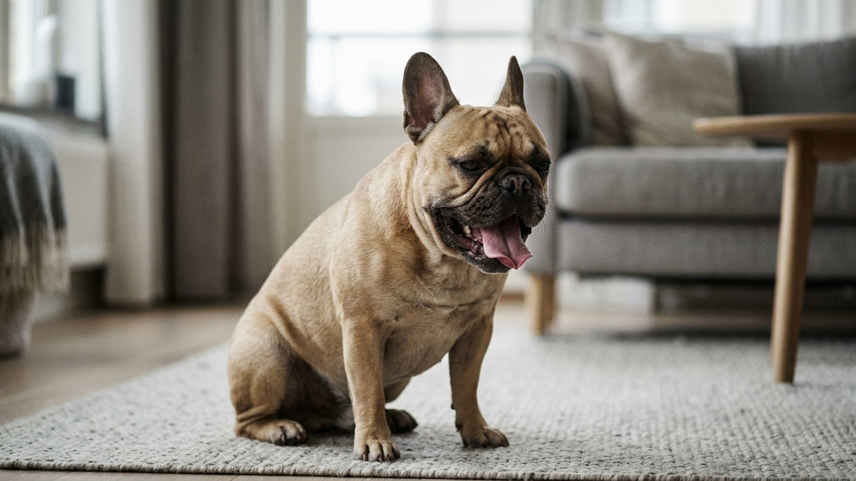 Franzoesische Bulldogge hechelt stark mit angestrengter Atmung typisch fuer BOAS