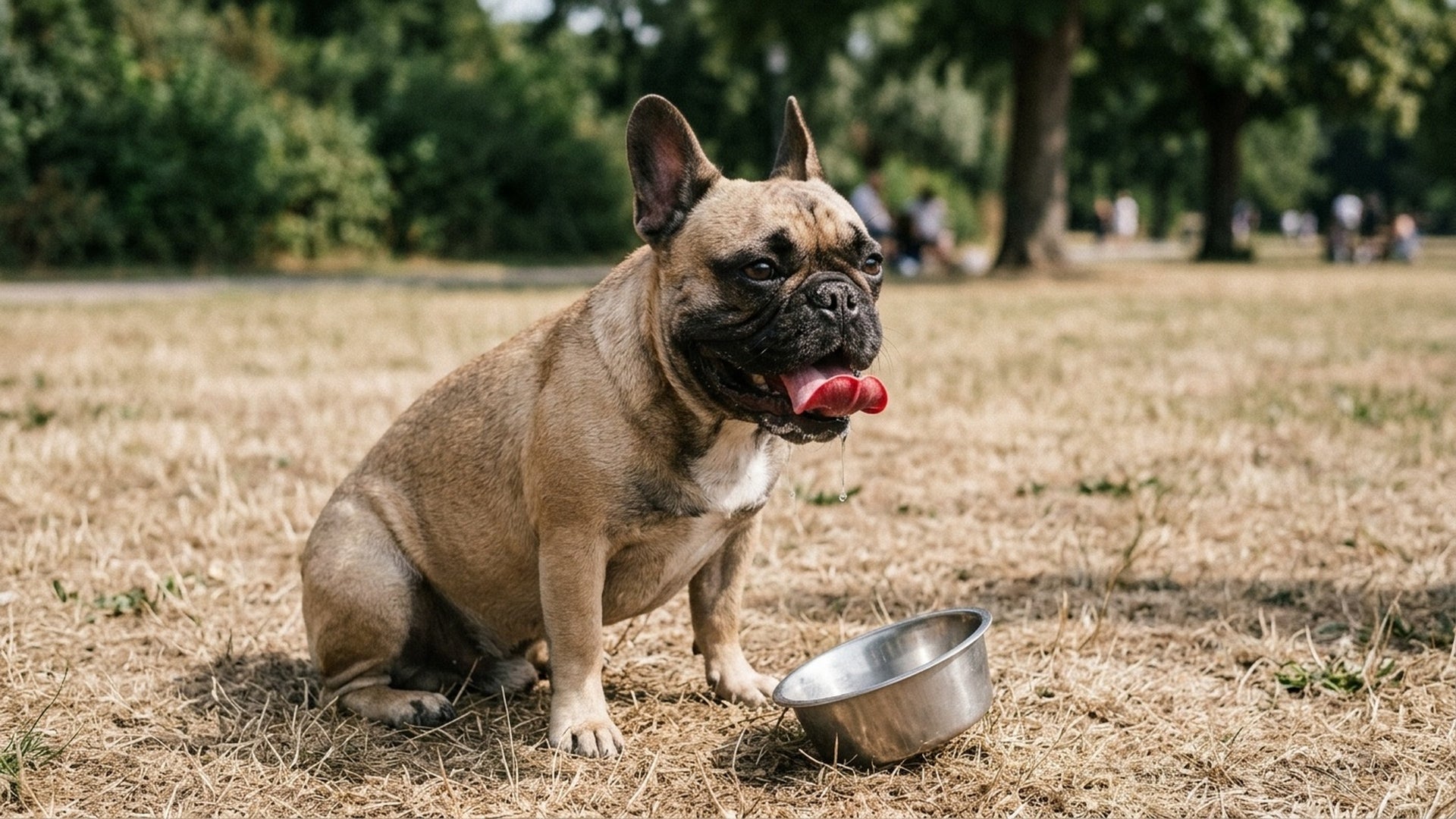 Stark hechelnde Franzoesische Bulldogge in Sommerhitze brachyzephale Rasse besonders Dehydration-gefaehrdet