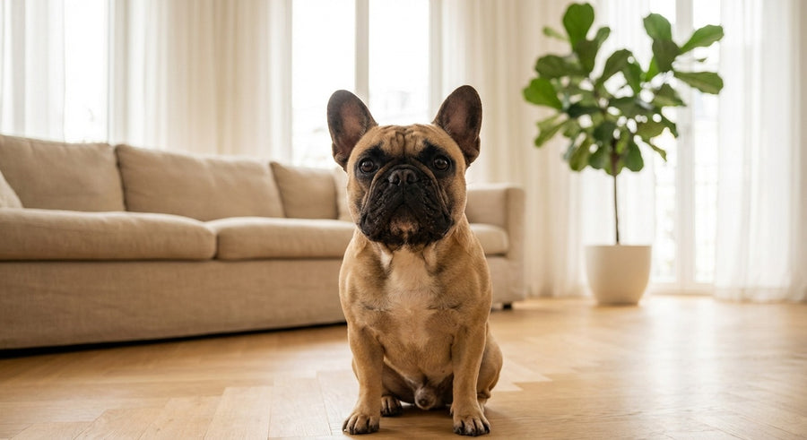 Französische Bulldogge Portrait in einem hellen skandinavischen Wohnzimmer