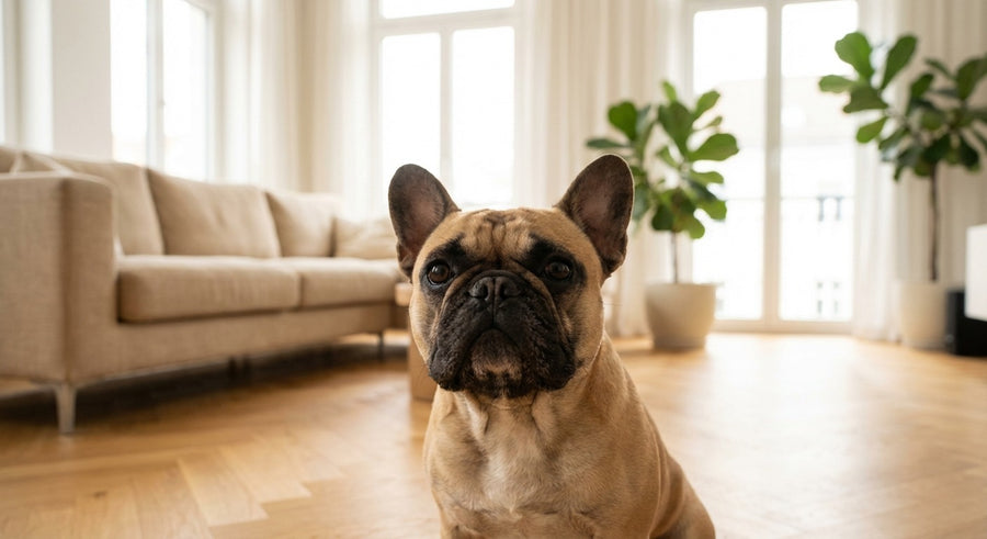 Französische Bulldogge Portrait in einem hellen skandinavischen Wohnzimmer