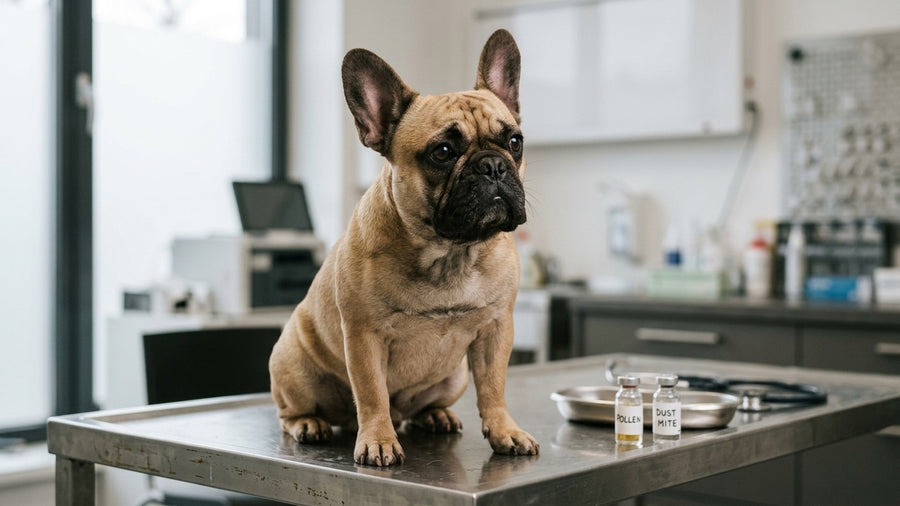 Franzoesische Bulldogge sitzt nachdenklich auf Tierarzttisch bei Allergie-Diagnostik