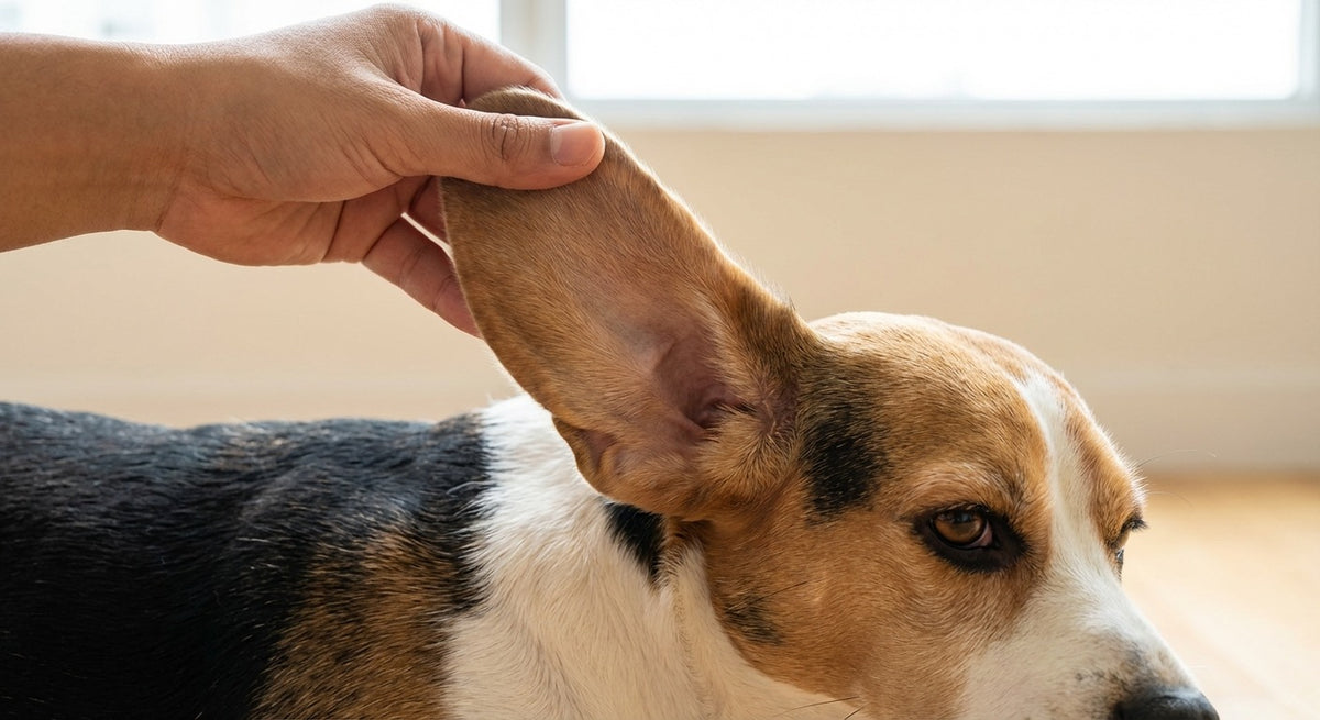 Beagle-Ohr wird sanft angehoben und untersucht – Ohrengesundheit-Check