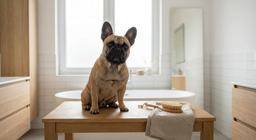 Französische Bulldogge wird liebevoll in einem modernen hellen Badezimmer gepflegt