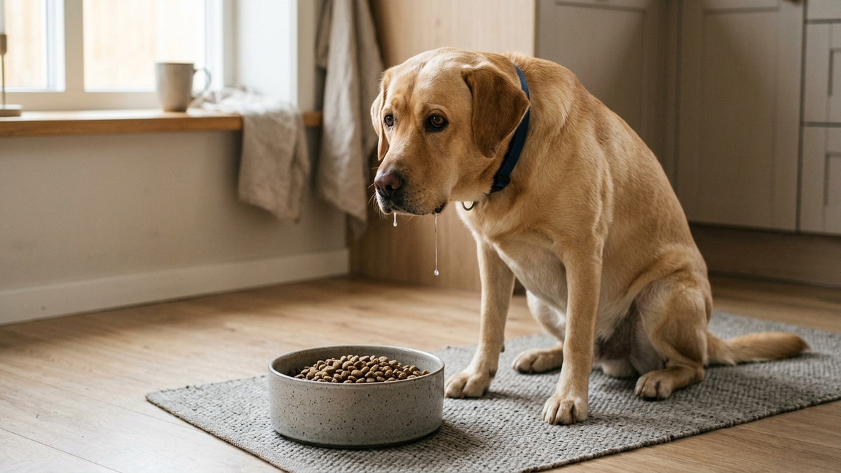 Hungriger Labrador sitzt erwartungsvoll vor portioniertem Premium-Futter im Napf