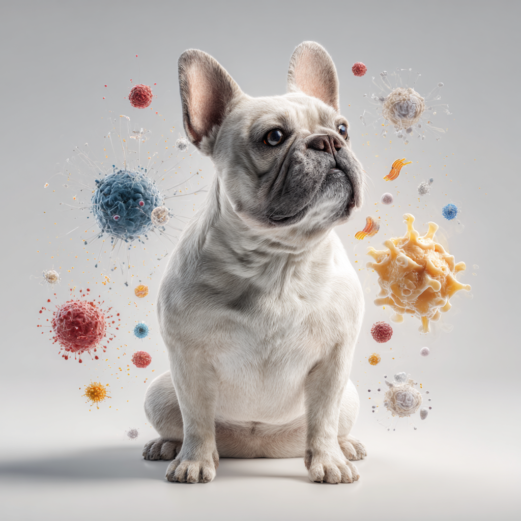 3D-Illustration einer französischen Bulldogge, umgeben von schwebenden Allergenen wie Pollen, Staubmilben und Sporen, als Symbol für allergische Reaktionen bei Hunden.