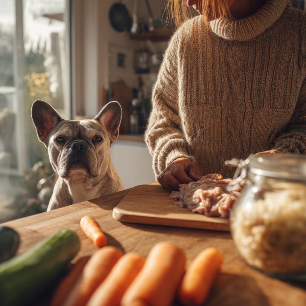Junge Frau in Frankfurt bereitet in einer hellen Küche frisches Hundefutter aus Hühnchen, Karotten und Reis zu, während ihre französische Bulldogge aufmerksam daneben sitzt – natürliches Morgenlicht und gemütliche Herbststimmung.