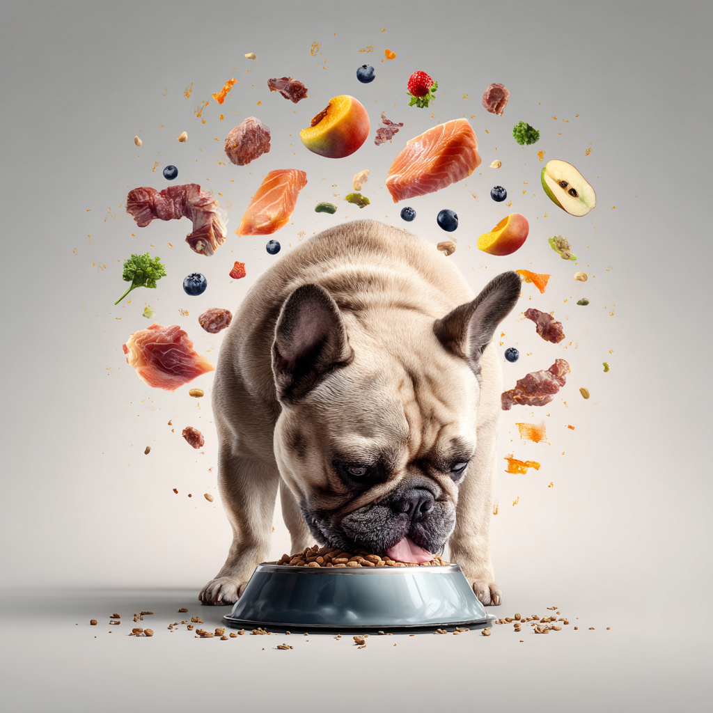 Französische Bulldogge frisst aus einem Napf, umgeben von schwebenden Zutaten wie Fish, Gemüse, Obst und Nüssen – realistische Studioaufnahme mit Fokus auf gesunde Ernährung und hochwertige Inhaltsstoffe.