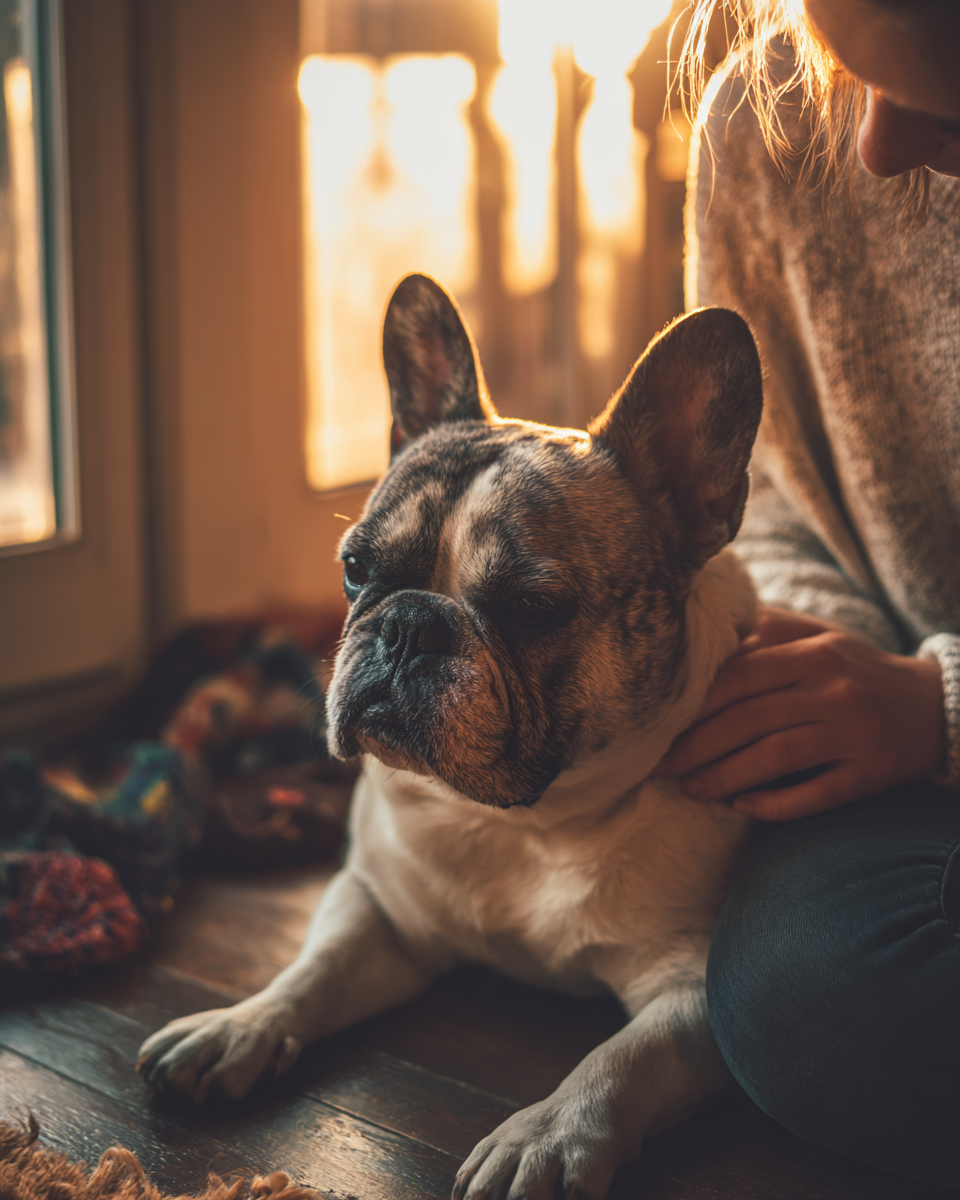 Ein Halter sitzt ruhig neben seiner französischen Bulldogge und legt die Hand sanft auf ihre Brust – Symbol für Vertrauen, Ruhe und emotionale Bindung.