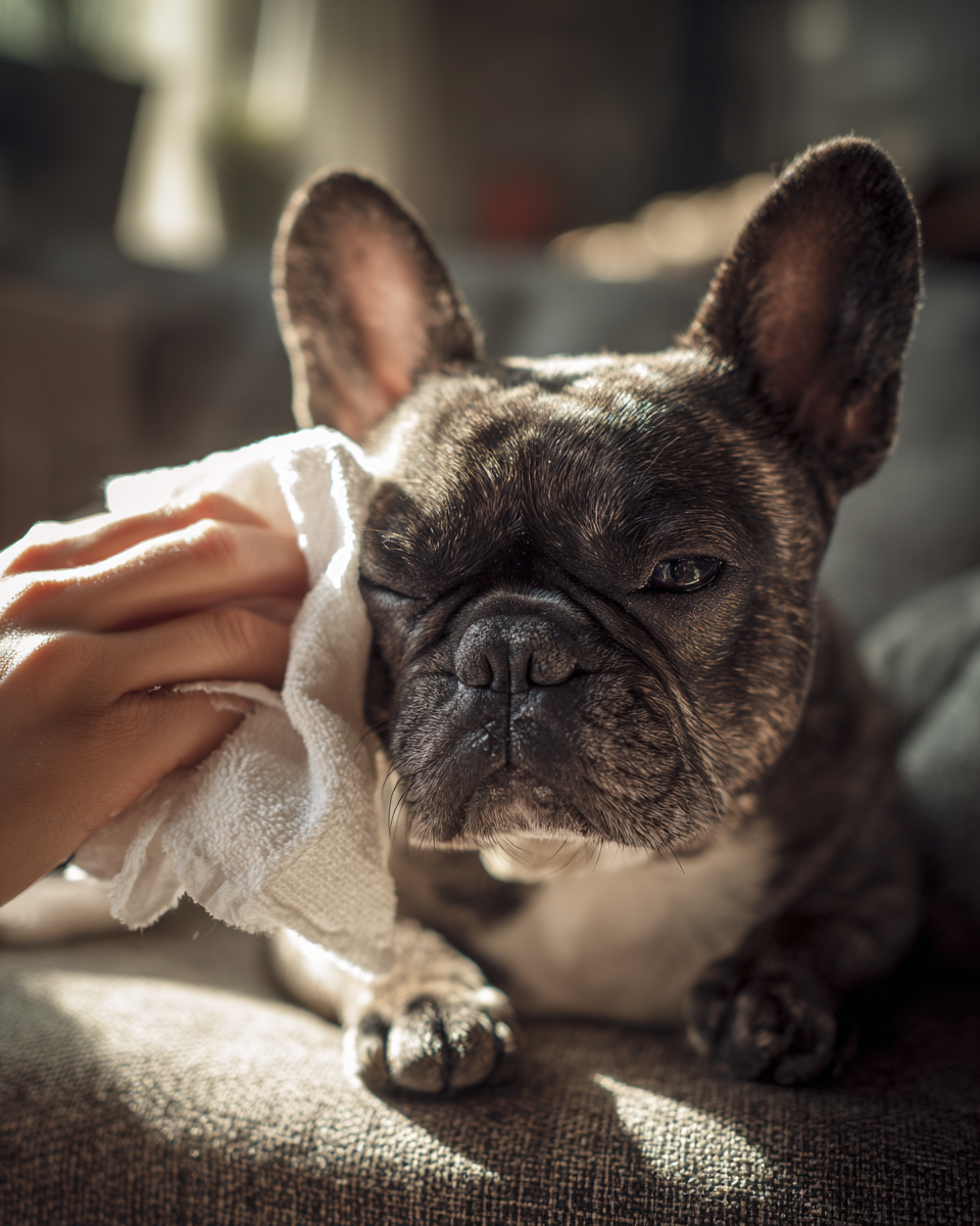 Ein Halter reinigt sanft die Gesichtsfalten seiner französischen Bulldogge mit einem weißen Tuch – Symbolbild für tägliche Hautpflege und Vorbeugung gegen Entzündungen.