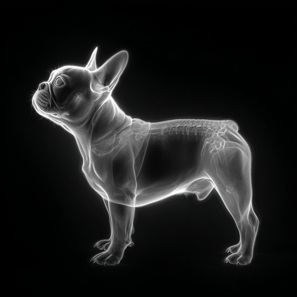 Röntgenbild einer französischen Bulldogge in Seitenansicht – zeigt den gesamten Körper mit Wirbelsäule, Brustkorb und Becken zur anatomischen Beurteilung.