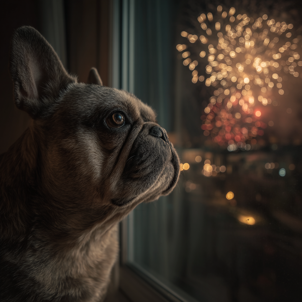 Französische Bulldogge blickt ängstlich aus dem Fenster auf ein Feuerwerk in der Nacht – Symbolbild für Silvesterstress und Geräuschangst bei Hunden.