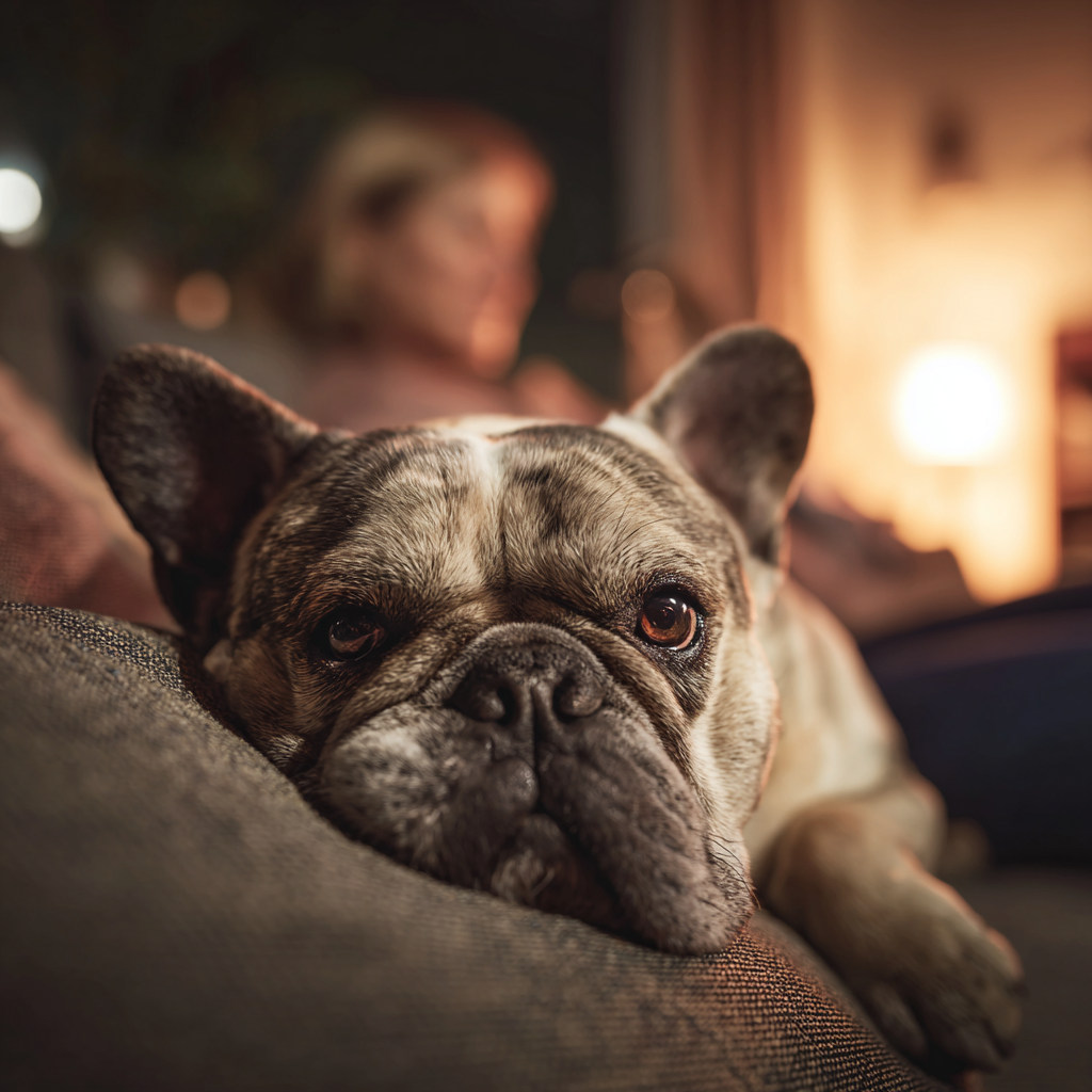 Eine französische Bulldogge liegt entspannt auf dem Sofa neben ihrem Halter, in warmes Licht einer Stehlampe getaucht – Symbolbild für Ruhe und Wohlbefinden nach der Verdauungsregulierung.