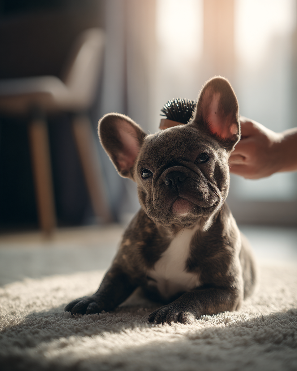 Ein französischer Bulldoggen-Welpe wird sanft mit einer weichen Bürste gepflegt – Symbolbild für den ersten Fellwechsel und die richtige Pflegeroutine.