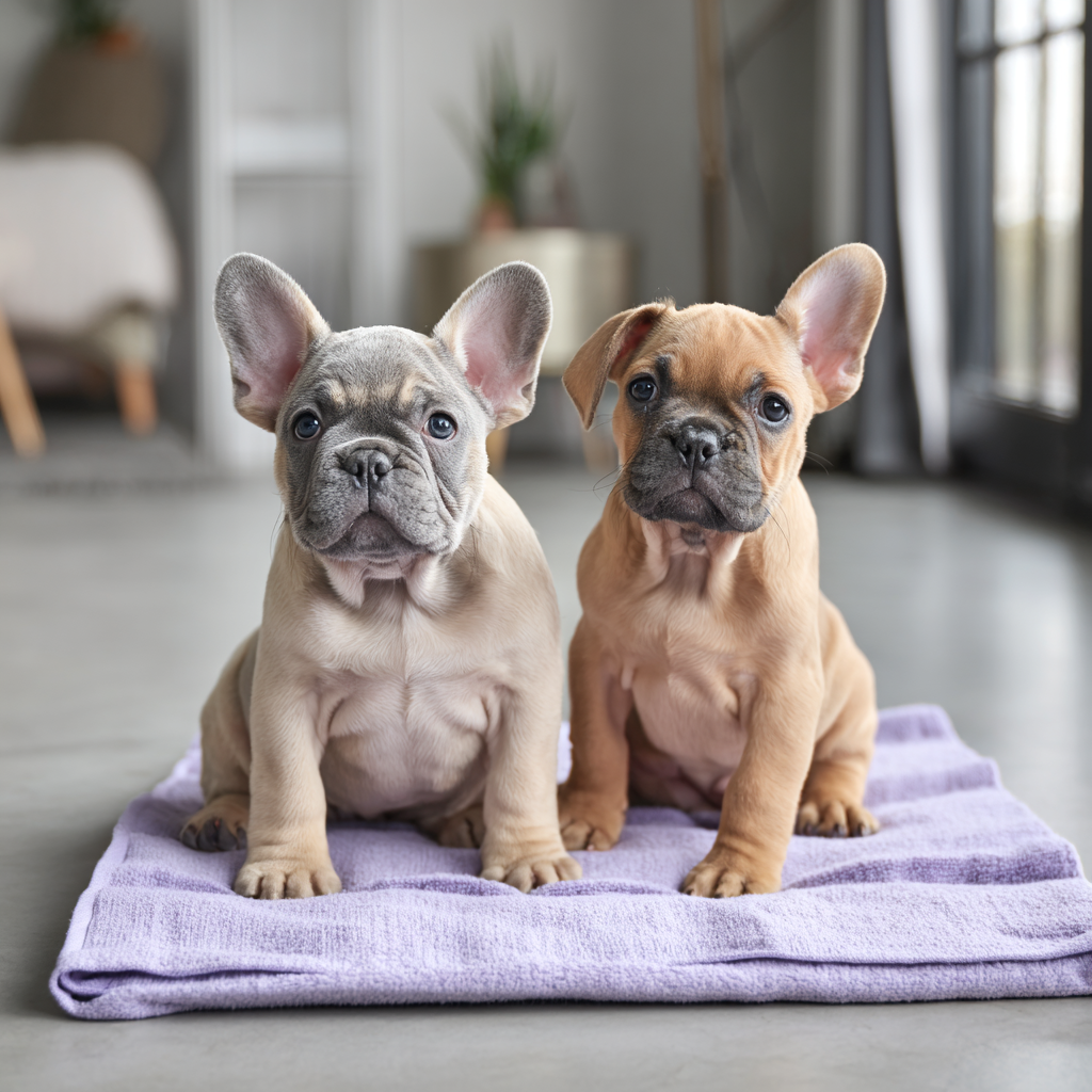 Französischen Bulldoggen Welpe sitzt aufmerksam auf einem Teppich im Wohnzimmer – der erste Schritt zur Stubenreinheit beginnt zu Hause.
