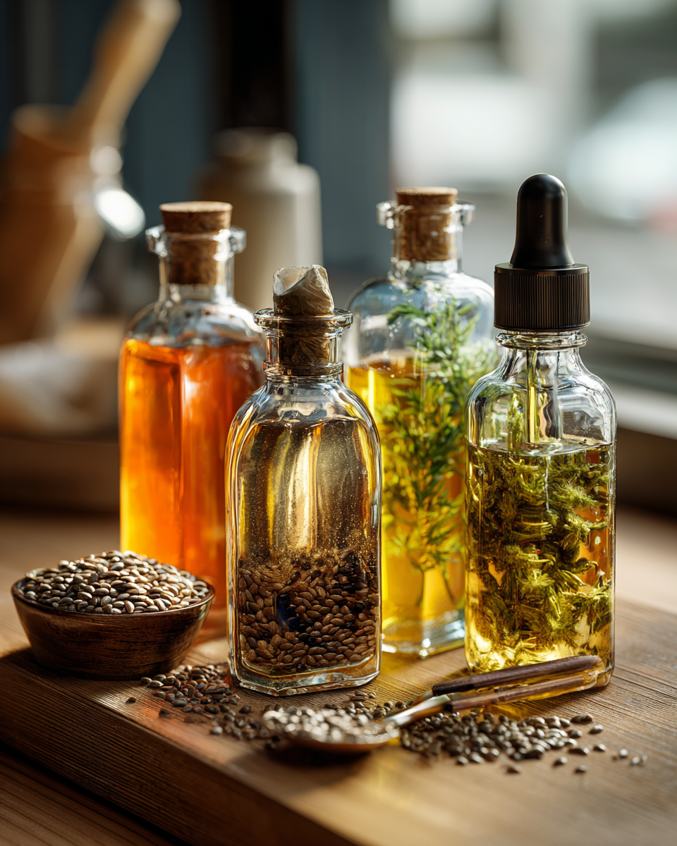 Echte Glasflaschen mit Hanföl, Leinöl und Lachsöl stehen auf einem Holztisch – realistisch fotografiert bei natürlichem Fensterlicht.