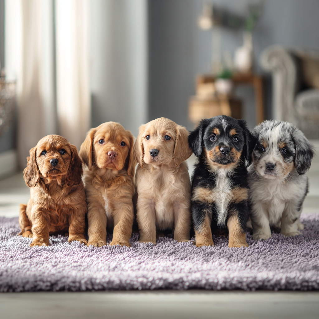 6 Welpe sitzt aufmerksam auf einem Teppich im Wohnzimmer – der erste Schritt zur Stubenreinheit beginnt zu Hause.