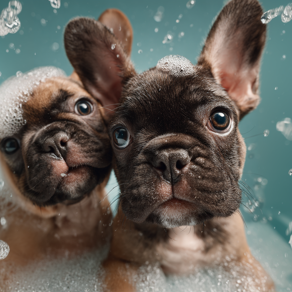 Zwei nasse französische Bulldoggen-Welpen in der Badewanne – Tipps zum richtigen Baden und zur Fellpflege