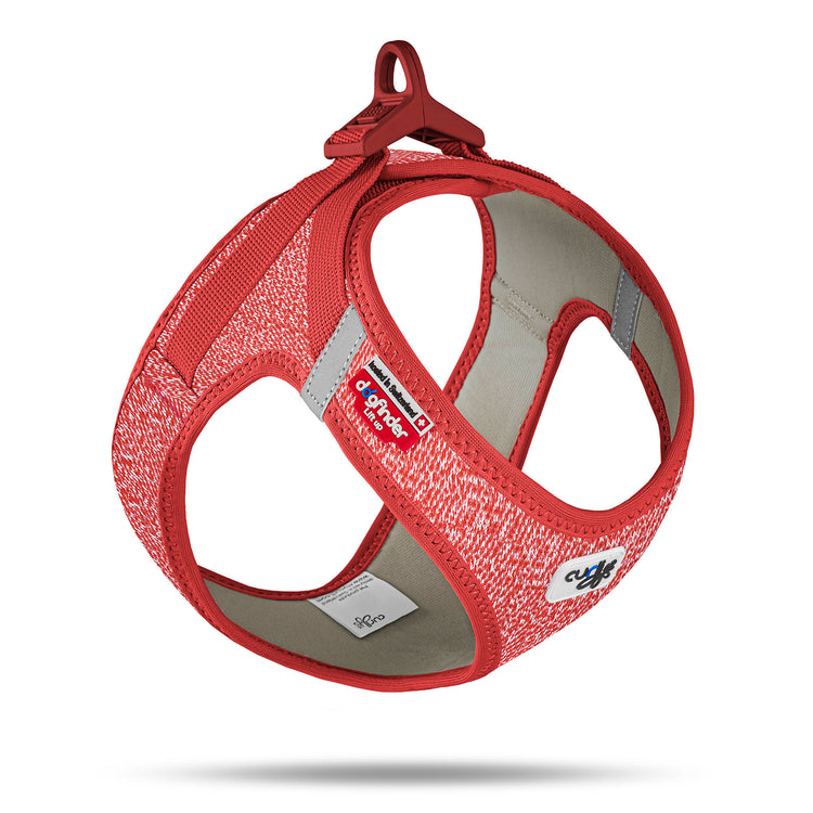 Ein Curli Geschirr Merino - Rot, gekennzeichnet durch sein Innenfutter aus 87% Merino Wolle und leichtes, luftdurchlässiges Air-Mesh Obermaterial. Es hat verstellbare Klettverschlüsse und reflektierende Elemente für zusätzliche Sicherheit in der Dunkelheit.