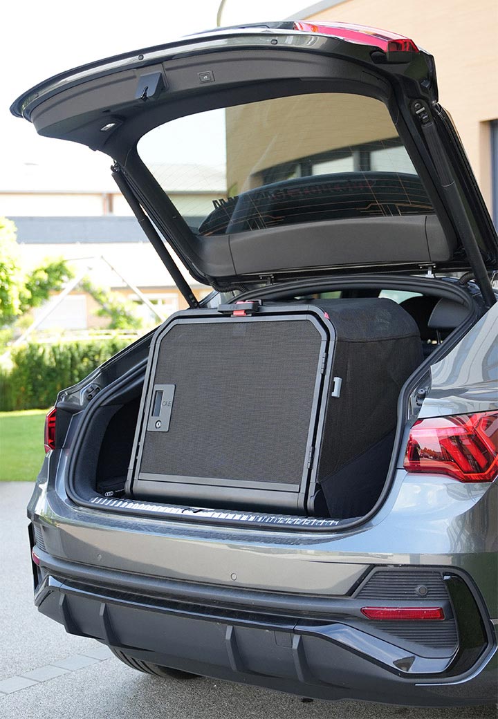 Vollständig aufgebaute FlexBox Pro Hunde-Transportbox im Kofferraum – sicher und stabil für jede Fahrt.