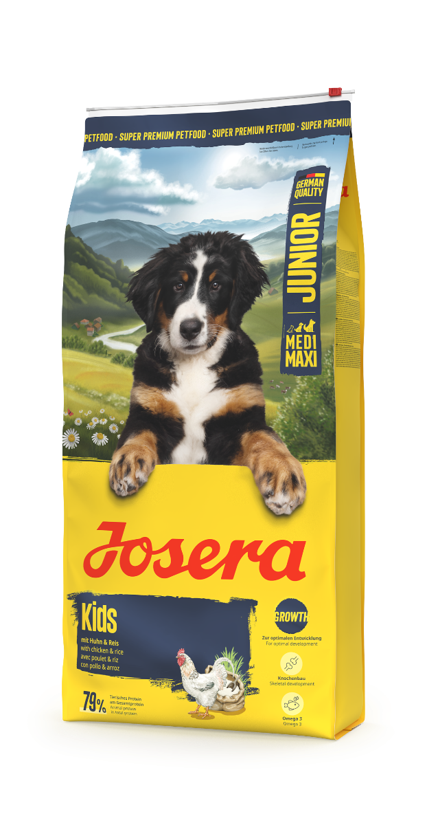 Josera Kids Junior Hundefutter Seitenansicht – 79 % tierisches Protein, mit Huhn & Reis für optimales Wachstum