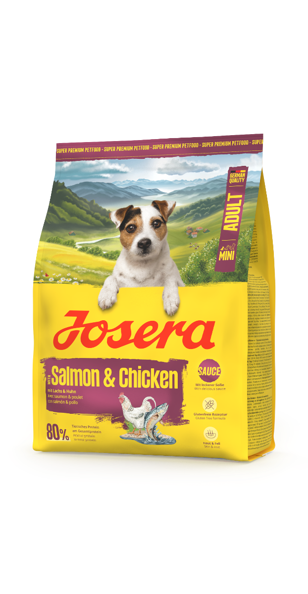 Josera Mini Salmon & Chicken Trockenfutter Verpackung mit Hund und Aufschrift 'Mit Lachs & Huhn – glutenfreie Rezeptur – 80 % tierisches Protein
