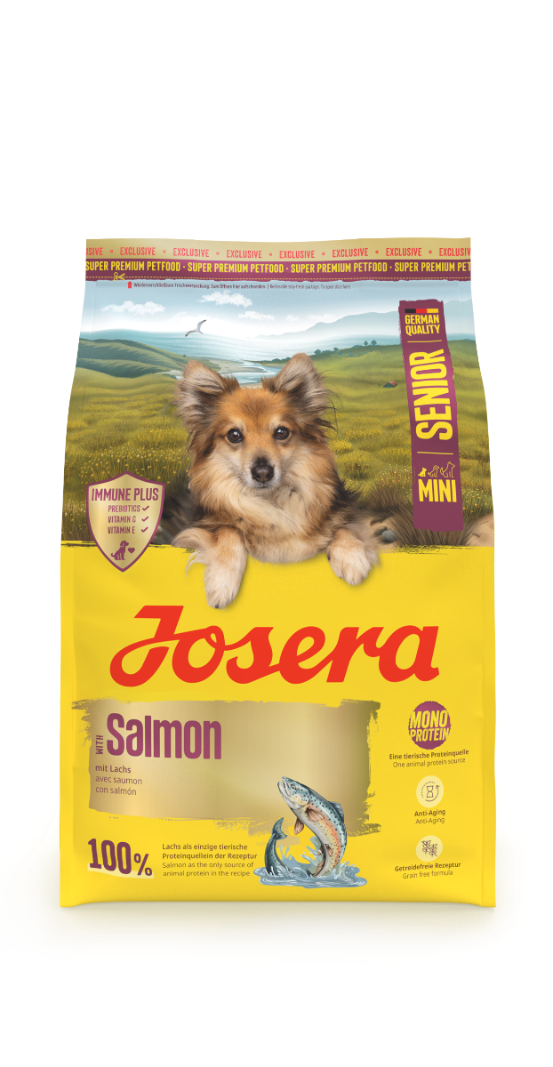 Josera MINI Senior Salmon 3kg Verpackung Vorderseite mit Lachs
