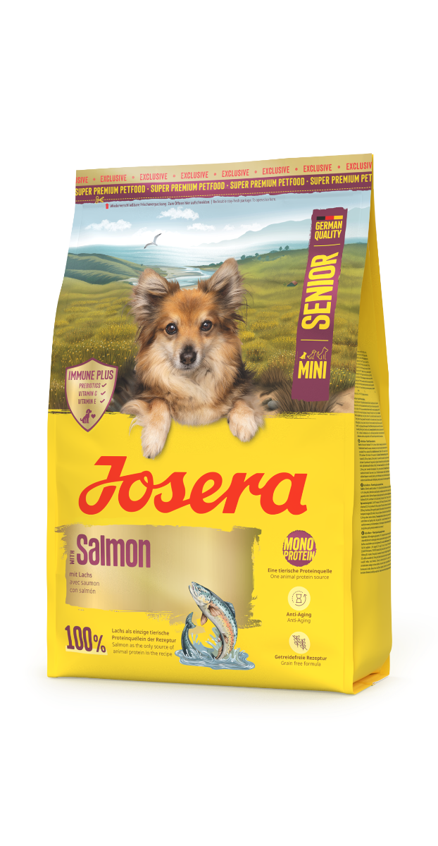 Josera MINI Senior Salmon 3kg Seitenansicht mit Zusammensetzung