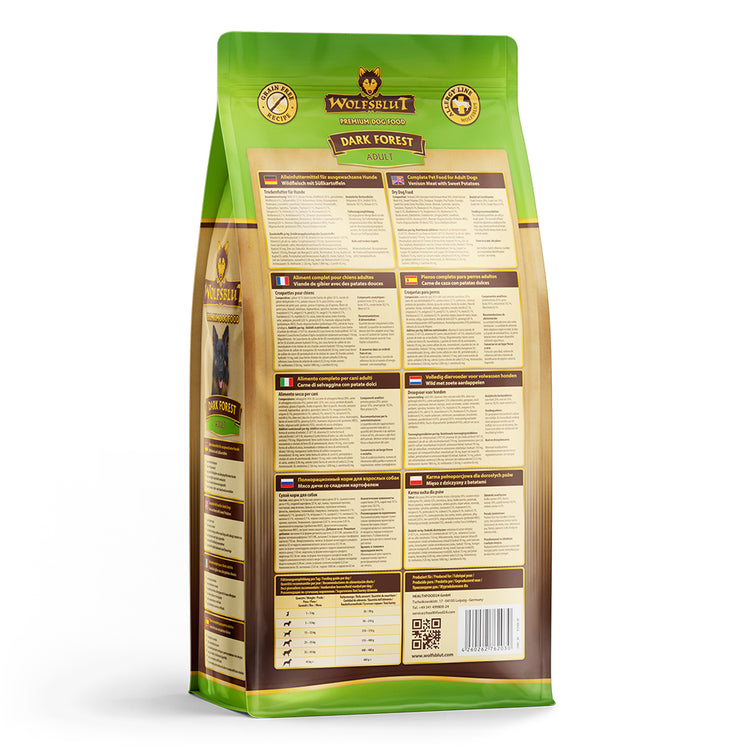Wolfsblut Dark Forest Trockenfutter – Verpackung Rueckseite mit Zusammensetzung