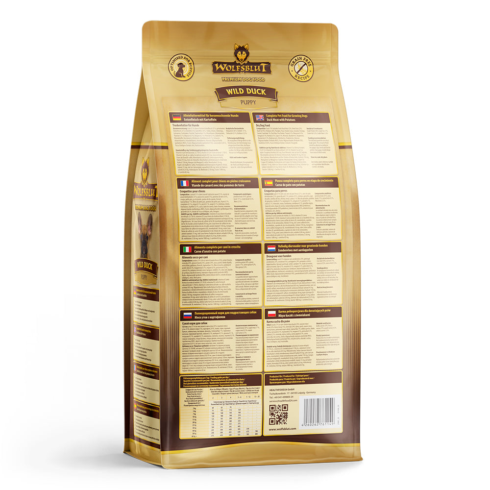 Wolfsblut Wild Duck Puppy Trockenfutter – Verpackung Rueckseite mit Zusammensetzung