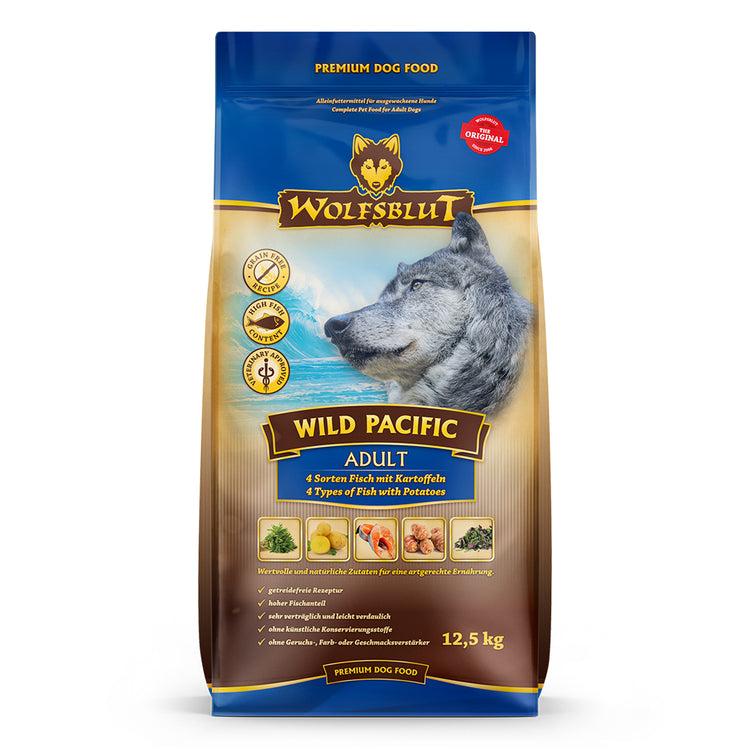 Wolfsblut Wild Pacific getreidefreies Hundefutter – Frontalansicht mit Lachs, Hering, Weißfisch und Kabeljau