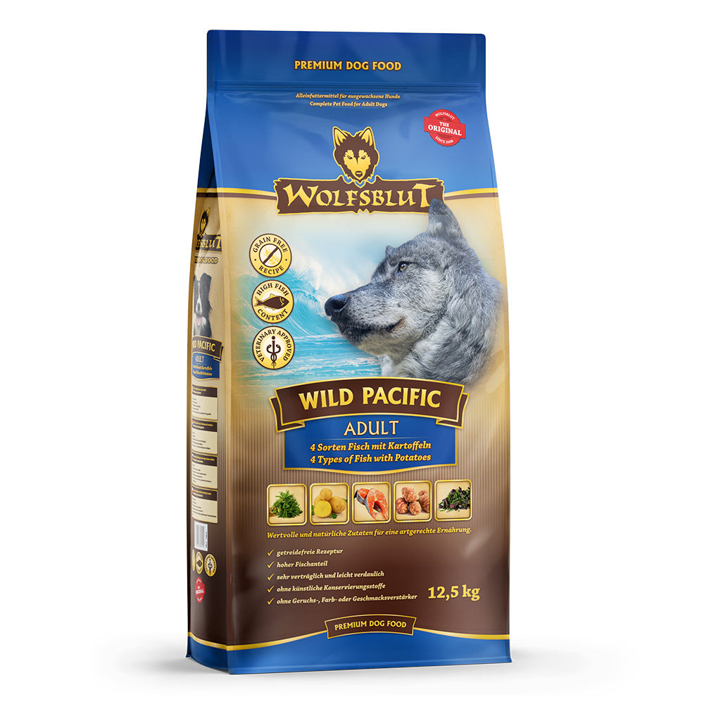 Wolfsblut Wild Pacific Trockenfutter 2 kg – Verpackung Vorderseite mit 6 Fischsorten