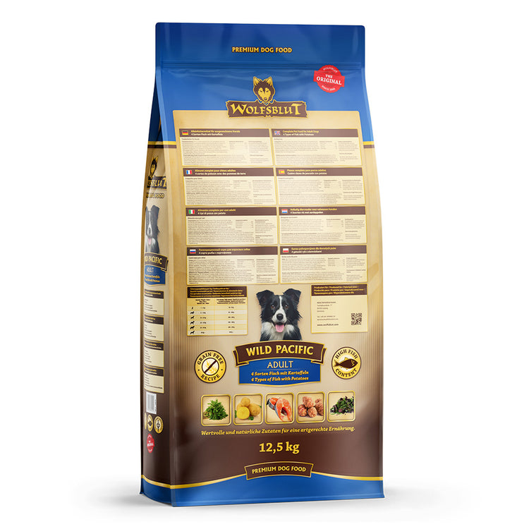 Wolfsblut Wild Pacific Trockenfutter – Rückseite mit Zusammensetzung und Fütterungsempfehlung