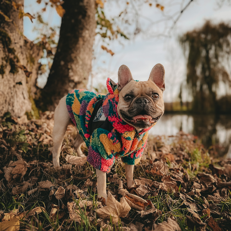 Französische Bulldogge läuft glücklich in bunter Fleecejacke im Park
